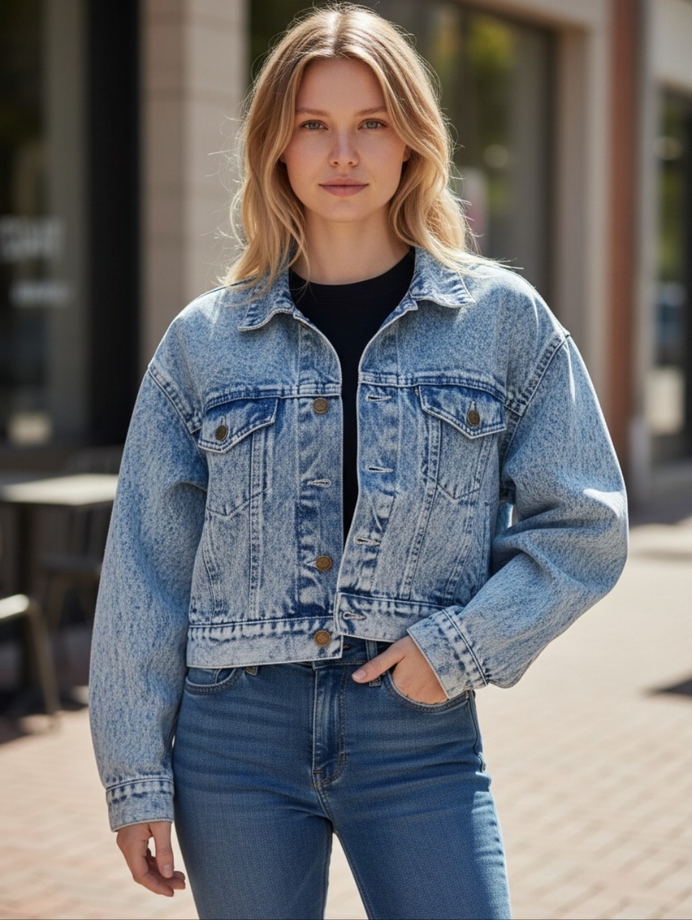 Vintage Denim Jacket Women Size Medium 80's Cropped Stone Wash Blue Puff Sleeve